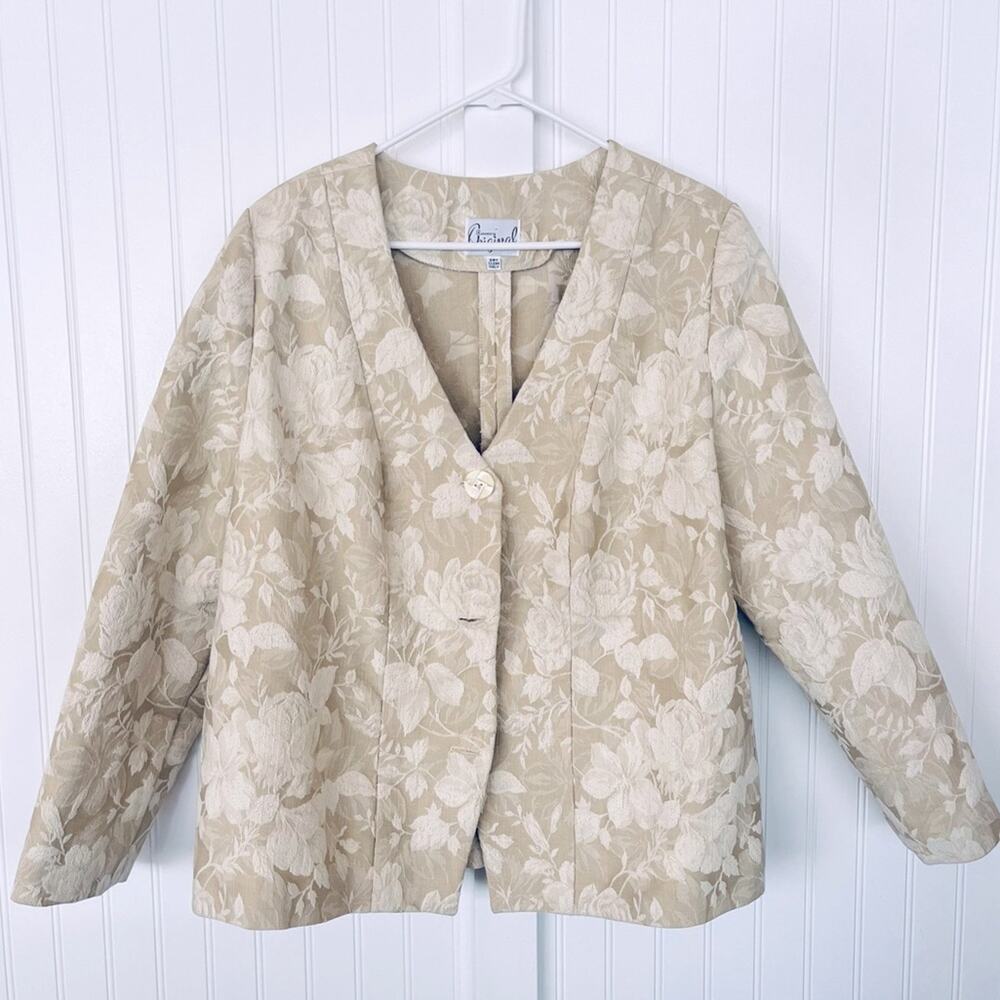 Vintage Plus Size Floral Tapestry Jacket Ivory Cream Oatmeal Monochromatic Cute